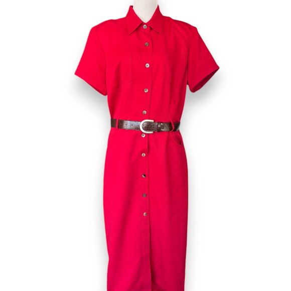 Robbie Bee VTG 90s red button up short sleeve belted long maxi shirt dress sz 14 - Picture 1 of 5